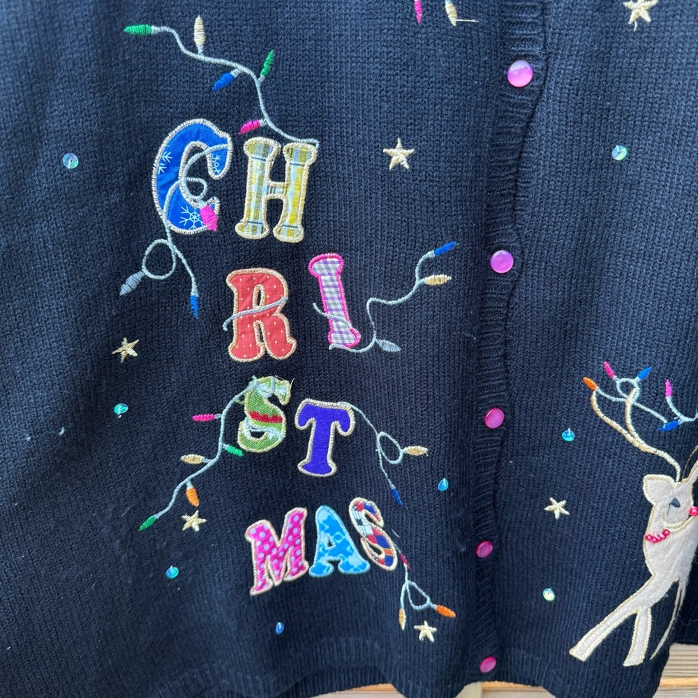 Christmas Sweater Vest XXL Black Colorful Bright Embroidered Merry Christmas - Picture 2 of 7